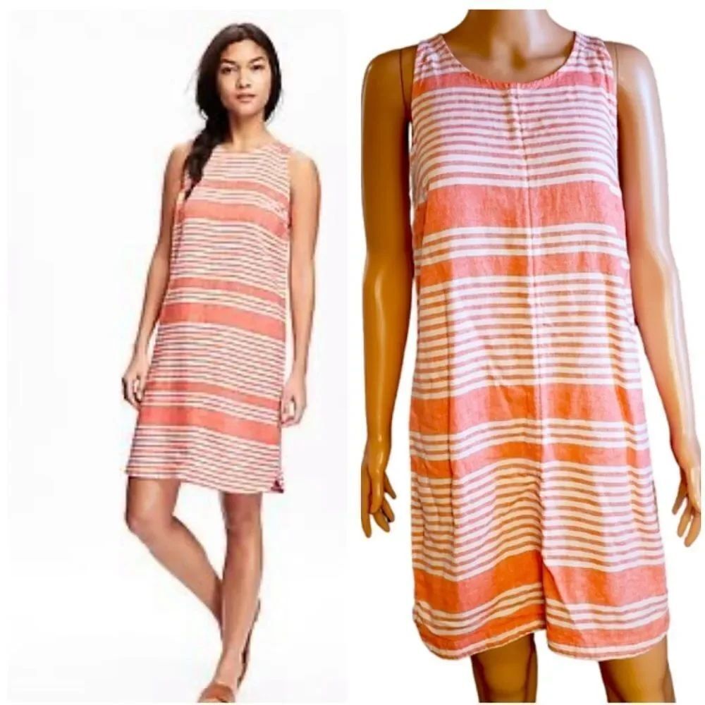 Old Navy Linen Orange Stripe Shift Dress MEDIUM